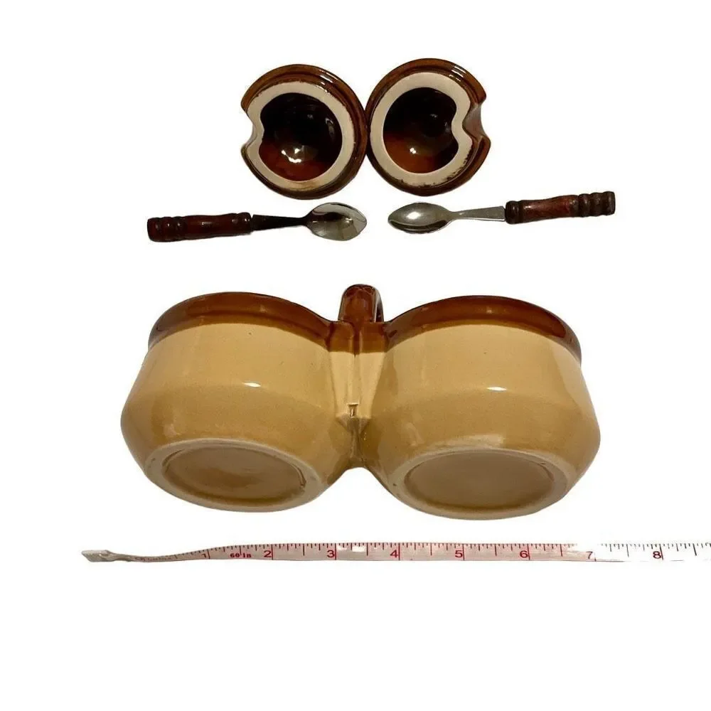 Vintage Double Condiment Jars with Lids and Spoons